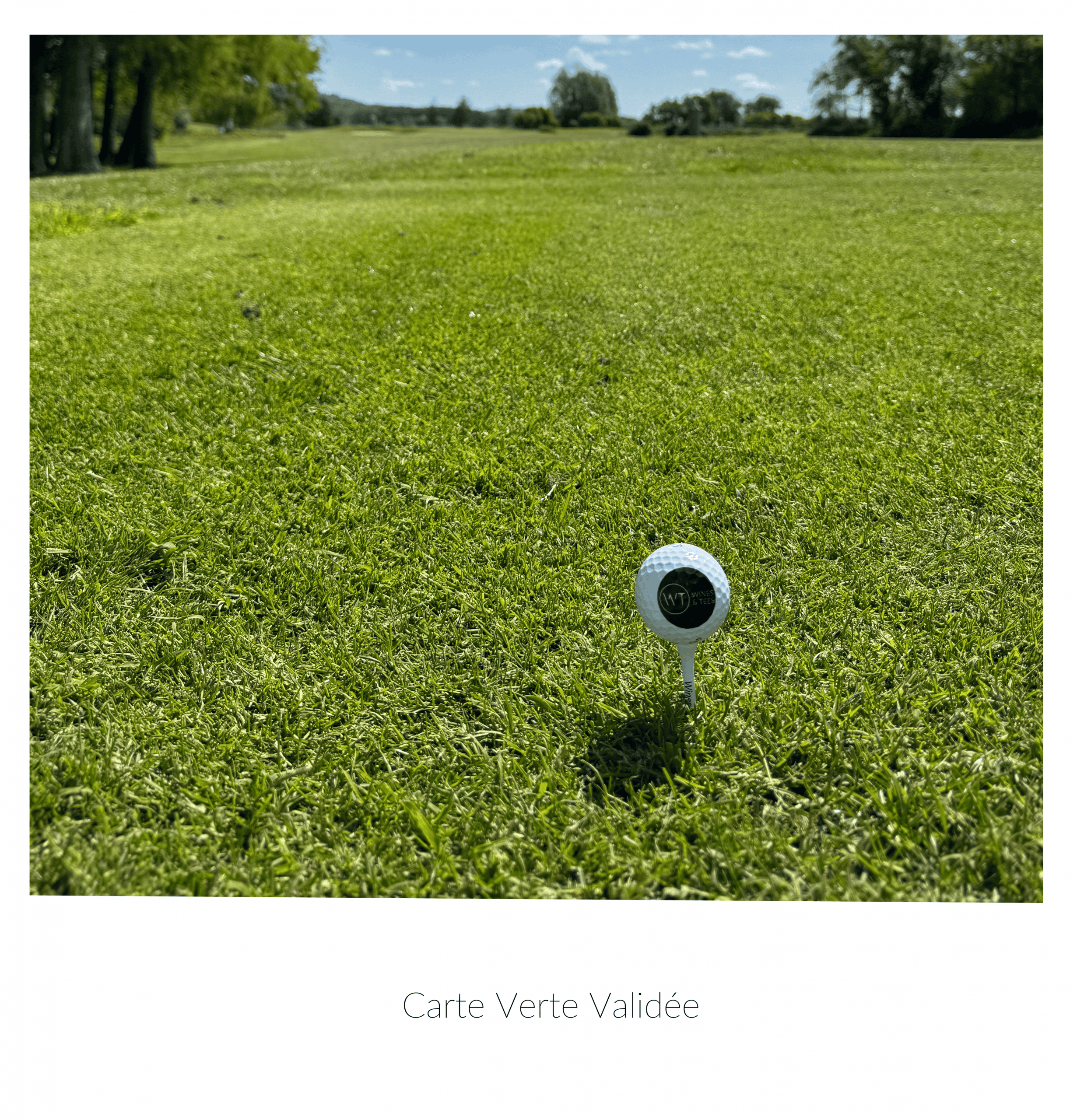 Balle de golf WT posée sur un tee au centre du fairway – Symbole de validation de la Carte Verte dans le cadre du Coffret WT. Expérience golfique complète, lumière d'été, parcours ouvert.