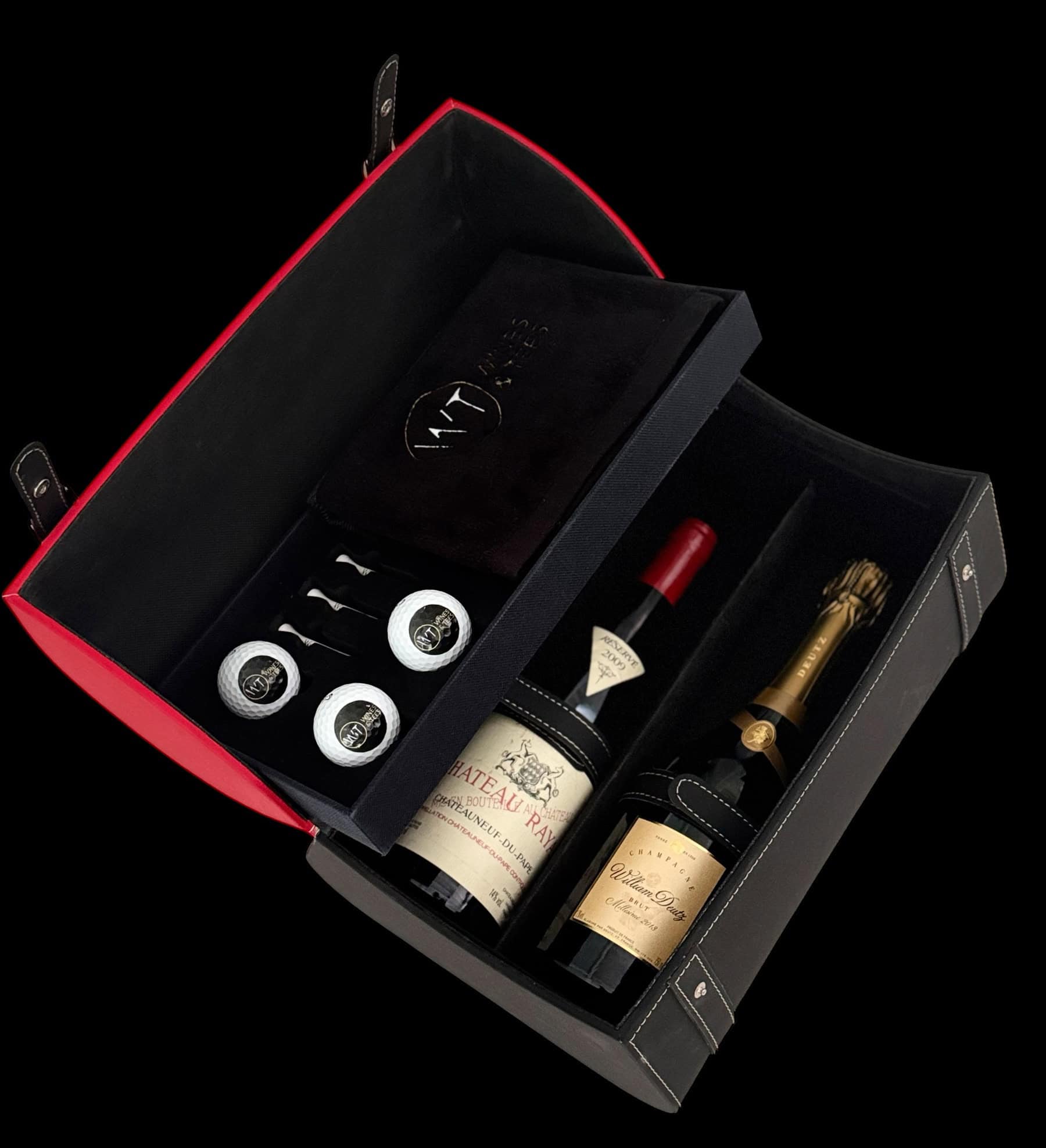 Coffret luxe Wines & Tees – Signature Unique avec Château Rayas et champagne William Deutz – Golf & vin – Vue intérieure élégante