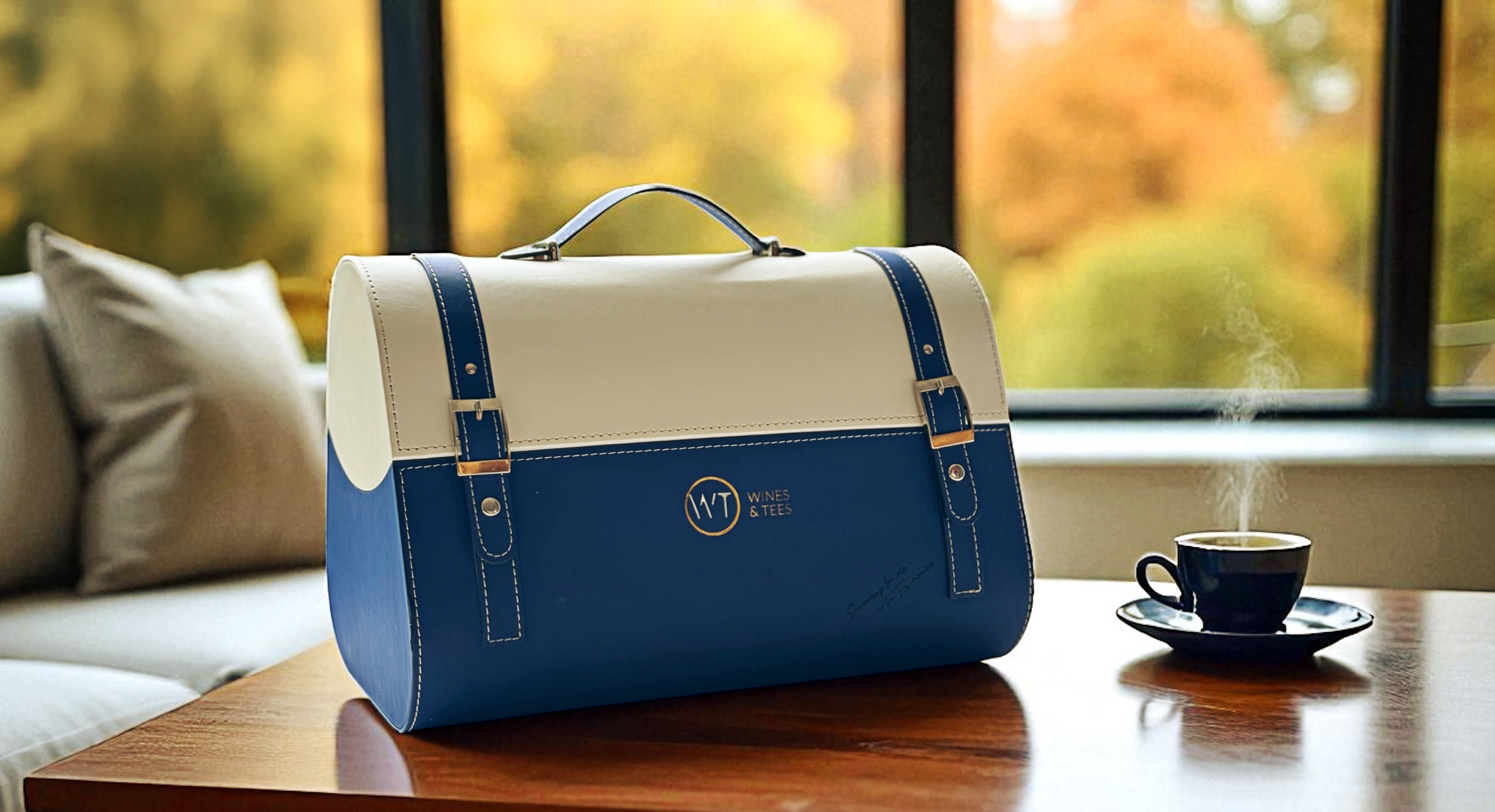 Coffret Édition Automne WT — Bleu nuit & Ivoire, présenté sur une table avec tasse de café, ambiance automnale
