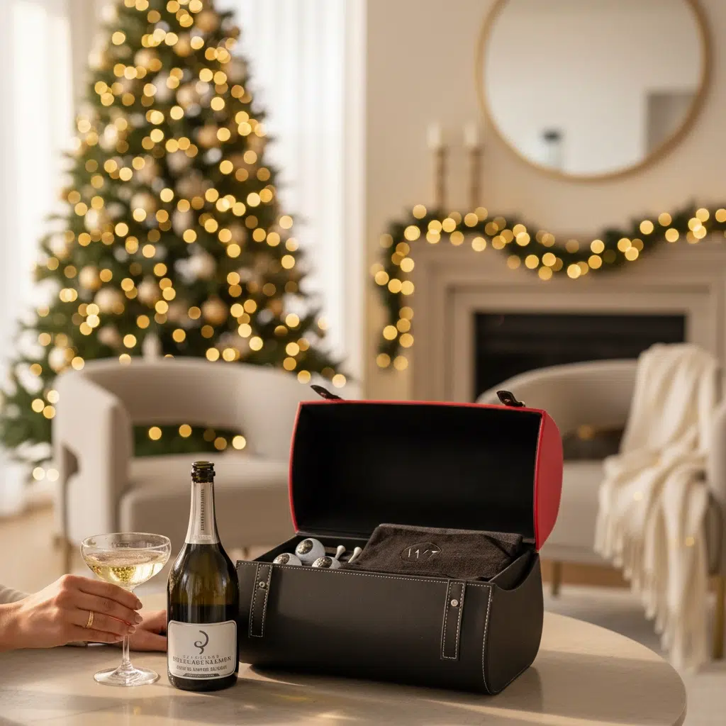 Coffret Wines & Tees ouvert sur une table, champagne et sapin de Noël en arrière-plan, ambiance raffinée et festive.