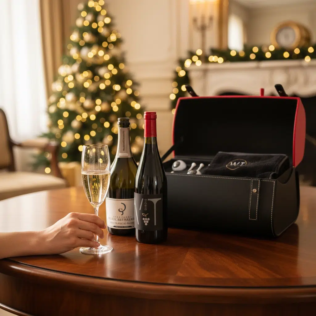 Coffret Wines & Tees ouvert sur une table en bois, avec une bouteille de champagne Billecart-Salmon, une bouteille de vin rouge Wines and Tees Birdie et une main tenant une coupe de champagne, ambiance de Noël chic avec sapin illuminé.