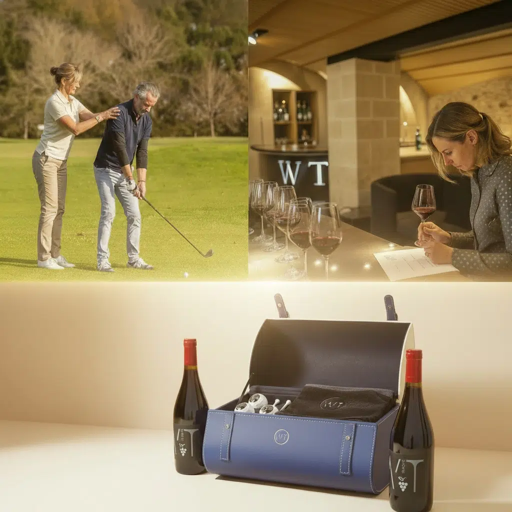 Coffret Initiation WT, posé avec club de golf et verre de vin