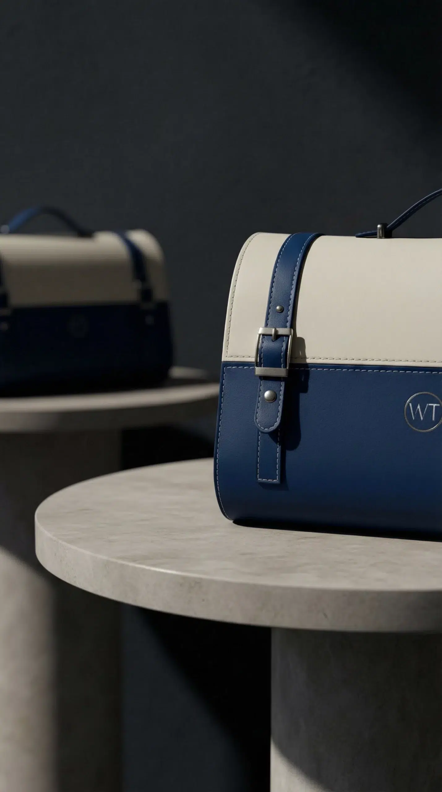 Coffret Wines and Tees en cuir bleu et ivoire posé sur une table